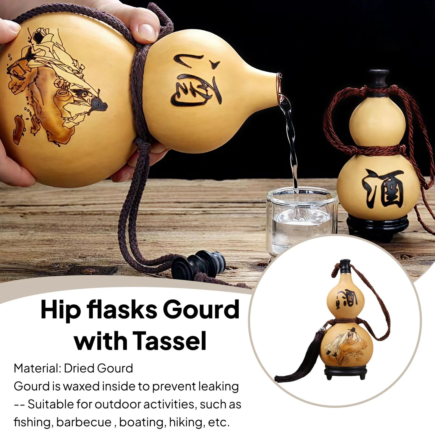 Natural Gourd Bottles with Lids Durable Gourd Shape Water Bottle Large Capacity for Camping Barbecue Fishing Hiking