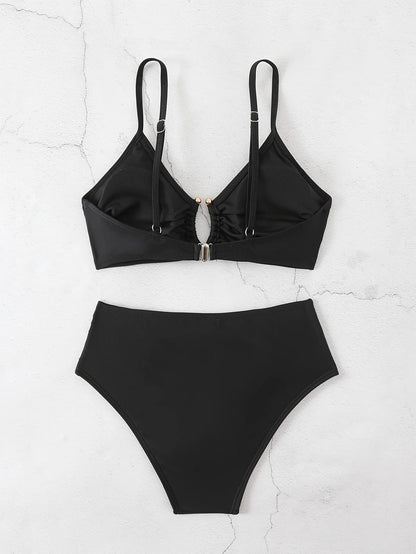 Summer European & American Gold-Accent Cutout | Women's Bikini Set, Sleek Luxury Style, Summer Beach Gala Outfit