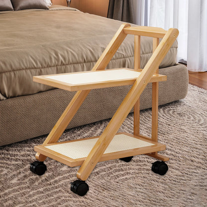 Foldable Bedside Table Storage Rack with Wheel 2-Layer Coffee Table Storage Sofa Bookcase Floor-Standing Bedroom Snack Push Cart