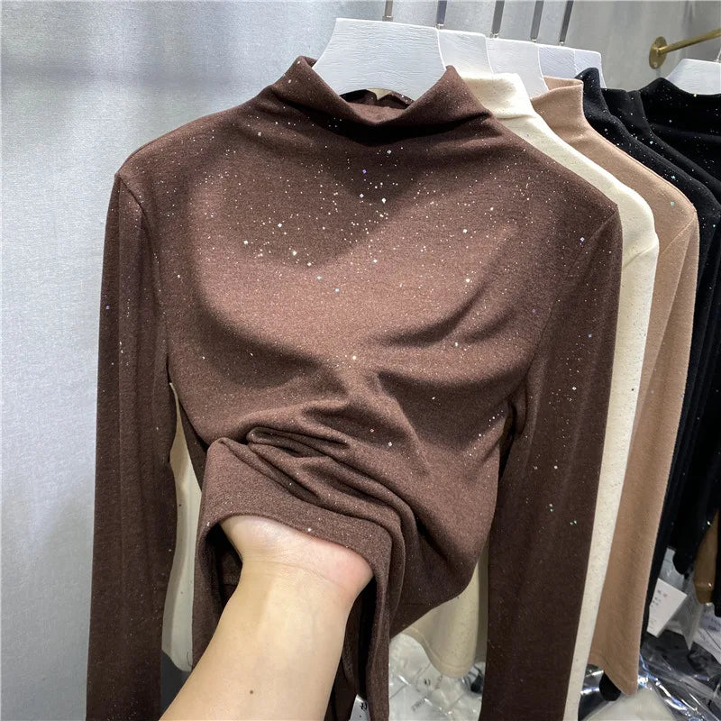 2022 Autumn Pullovers Sweater Korean Winter New Shiny Warm Blouse Women Long Sleeve Turtleneck Basic Tops Female Fall Clothe