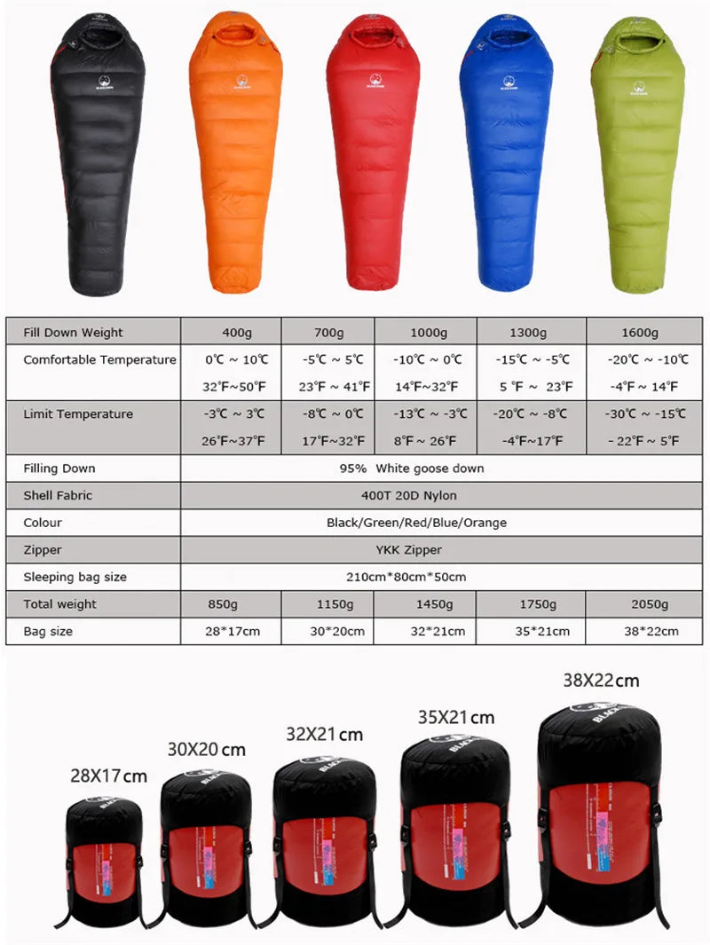 Black Snow Warm White Goose Down Filled Adults Mummy Style Sleeping Bags Fit for Winter Thermal 4 Kinds Thickness Camping Travel