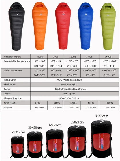 Black Snow Warm White Goose Down Filled Adults Mummy Style Sleeping Bags Fit for Winter Thermal 4 Kinds Thickness Camping Travel