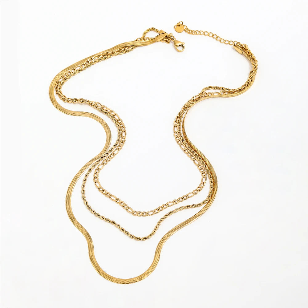 Joolim Jewelry Chaîne Figaro plaquée or, chaîne corde, chaîne serpent, collier trois rangs en acier inoxydable, vente en gros de bijoux