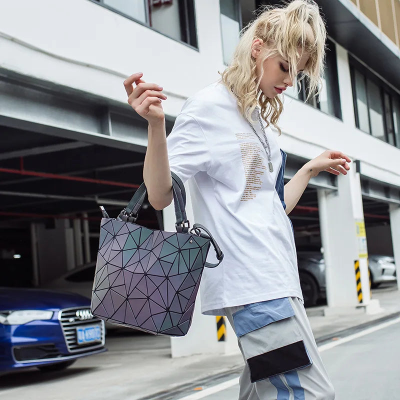 Luminous Reflective Bag Geometric Tote Folding Shoulder Bags for Women 2024 Plain Folding Handbags Sac a Main Female Bolsas