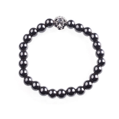 Silver Lion Head Gemstone Beads Stretch Bracelet for Women Men Handmade Crystal Beaded Elastic Healing Power Stone Jewelry