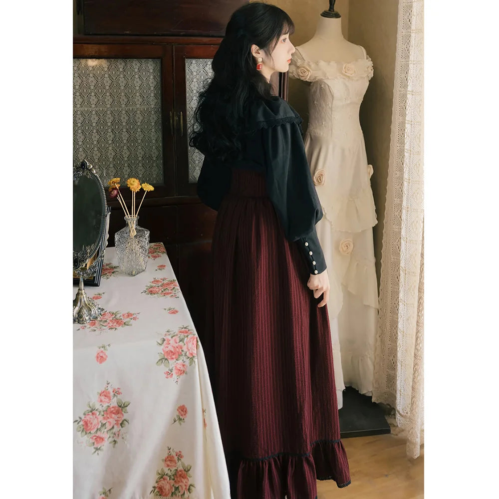 Gothic England Style Women Cosplay Palace Shirt Long Skirt Set Classic Black Lace Ruffle Shirt High Waist Bandage Skirts Femme