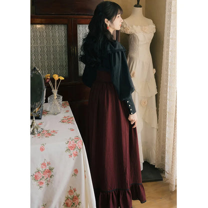 Gothic England Style Women Cosplay Palace Shirt Long Skirt Set Classic Black Lace Ruffle Shirt High Waist Bandage Skirts Femme