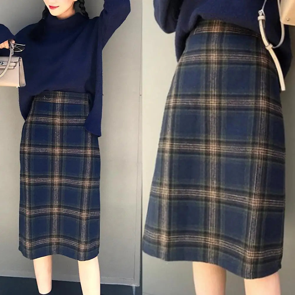 Korean Fashion Casual Women Autumn Winter Vintage Blue/Gray Plaid High Waist Warm Faux Woolen A-line Skirt  S-2XL
