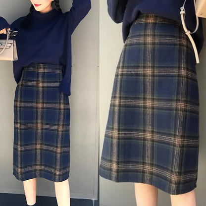 Korean Fashion Casual Women Autumn Winter Vintage Blue/Gray Plaid High Waist Warm Faux Woolen A-line Skirt  S-2XL