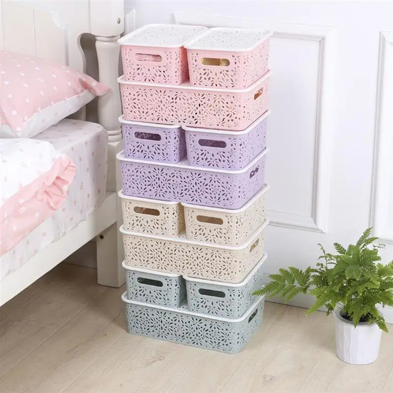 Storage Plastic Basket Baskets Box Bins Stackable Kitchen Hollow Organizer Drawer Out Shelf Desktop Lid Adjustable Coloured