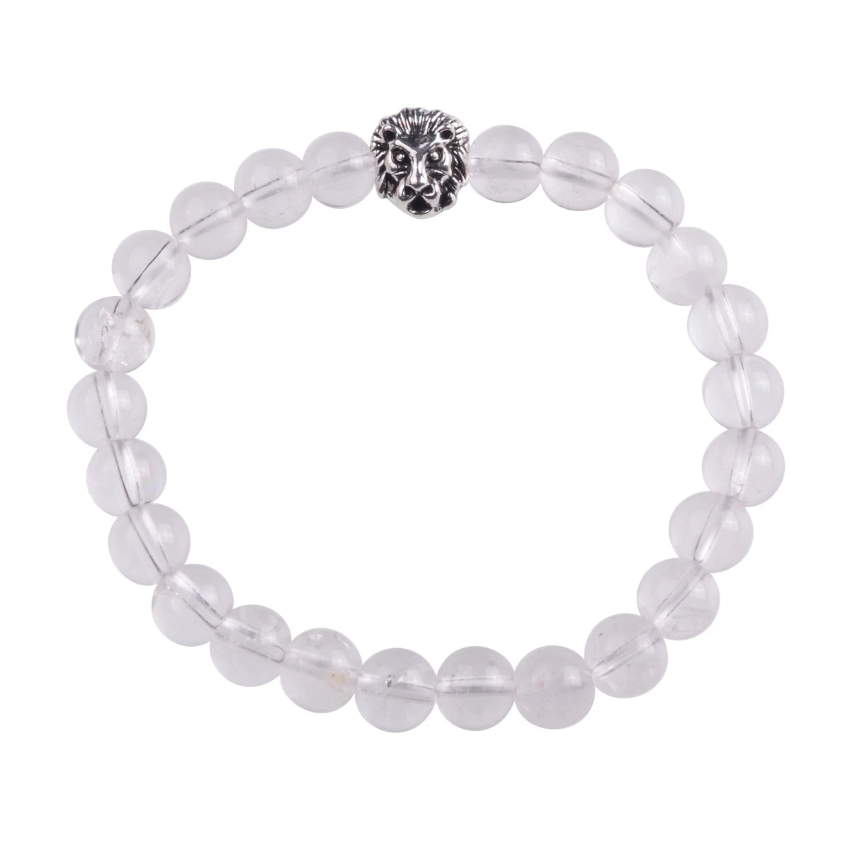 Silver Lion Head Gemstone Beads Stretch Bracelet for Women Men Handmade Crystal Beaded Elastic Healing Power Stone Jewelry