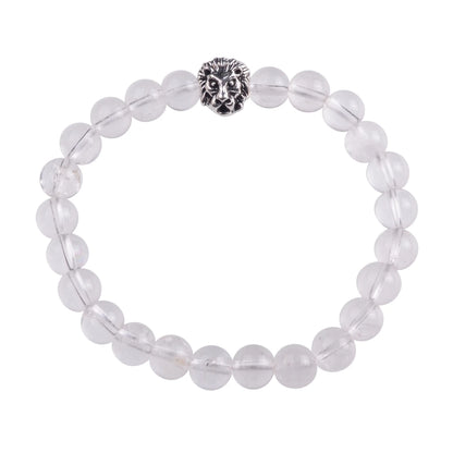 Silver Lion Head Gemstone Beads Stretch Bracelet for Women Men Handmade Crystal Beaded Elastic Healing Power Stone Jewelry
