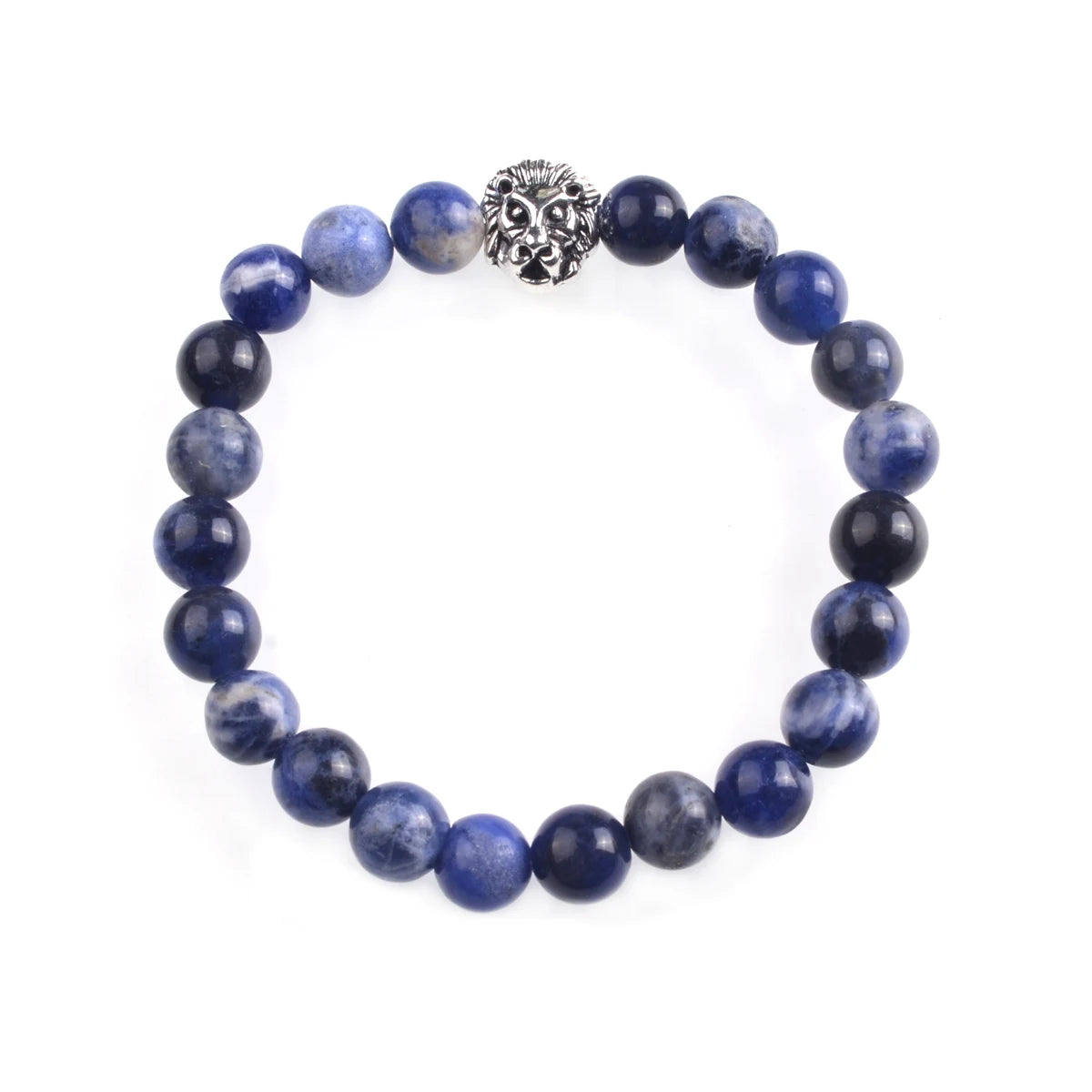 Silver Lion Head Gemstone Beads Stretch Bracelet for Women Men Handmade Crystal Beaded Elastic Healing Power Stone Jewelry