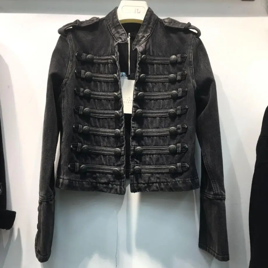 Retro military style handsome stand collar denim jackets female double-breasted old wild slim short denim jackets outerwear F368