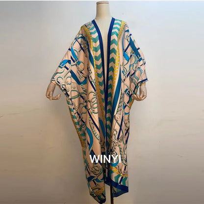 2021 WINYI new Cotton Bikini Sweet Lady Pink Boho Print Self Belted Front Open Long Kimono Dress Beach Tunic Women Wrap Dresses