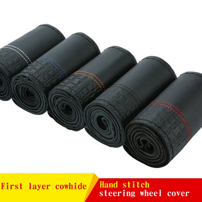 Steering Wheel Cover Non-slip Breathable Cover On Wrap Cowhide Leather Handmade Universal Accessories  With Needle/Thread Kit