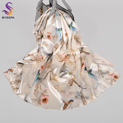 [BYSIFA]  Green Blue Ladies Satin Long Silk Scarf Shawl New Fashion Brand Scarves Printed Spring Fall Female Head Scarf 160*70cm