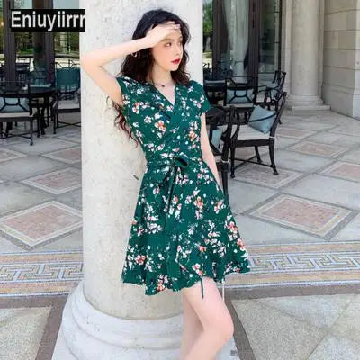 Green Floral Surplice Front Ruffle Hem Dress Women V Neck Short Sleeve Summer Boho High Waist Short A Line Dresses
