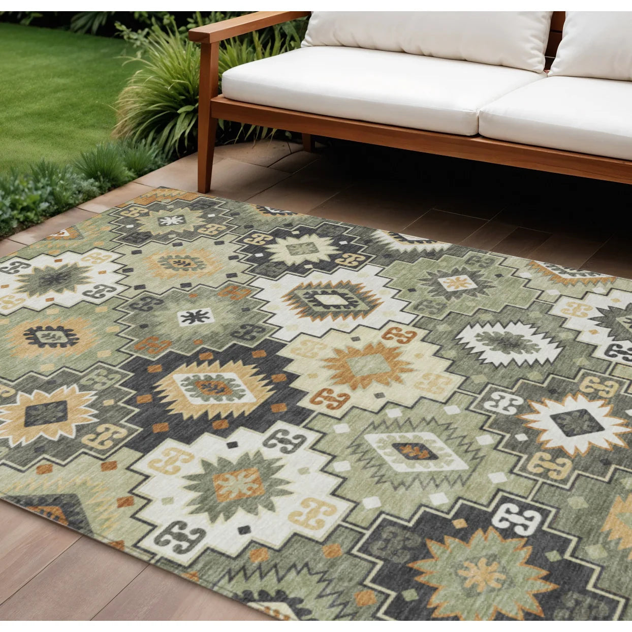 HMS 8' X 10' Southwestern Indoor Outdoor Area Rug Fern Green Gold and Charcoal Washable