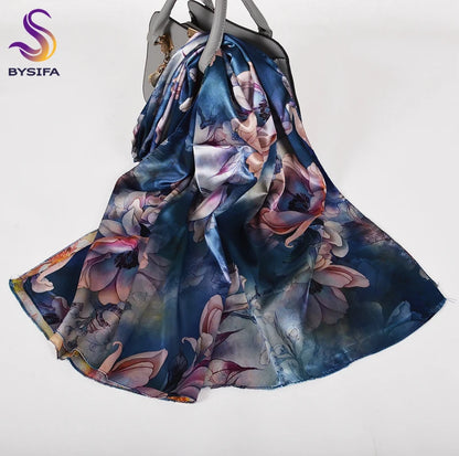 [BYSIFA]  Green Blue Ladies Satin Long Silk Scarf Shawl New Fashion Brand Scarves Printed Spring Fall Female Head Scarf 160*70cm