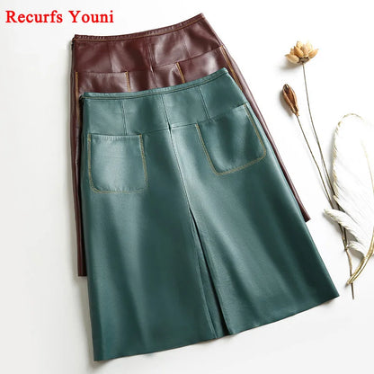 Stylish Women Genuine Leather Skirt Female Slit Pockets Sewing High Waist Jupe Mujer A-line Mid-Length Wine Red/Blue Chic Faldas