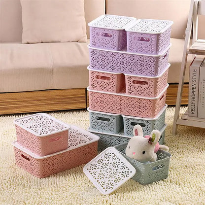Storage Plastic Basket Baskets Box Bins Stackable Kitchen Hollow Organizer Drawer Out Shelf Desktop Lid Adjustable Coloured