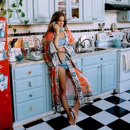 Floal Bikini Cover-ups Pink Boho Print Self Belted Front Open Long Kimono Dress Beach Tunic Women Swim Suit Cover Up