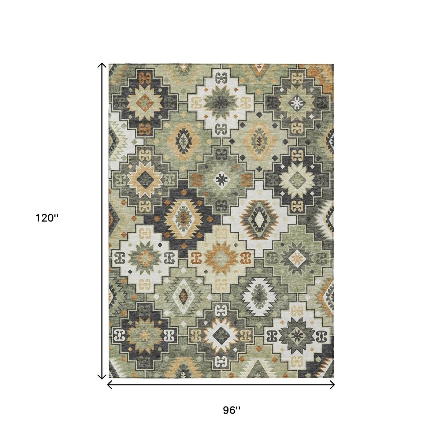 HMS 8' X 10' Southwestern Indoor Outdoor Area Rug Fern Green Gold and Charcoal Washable