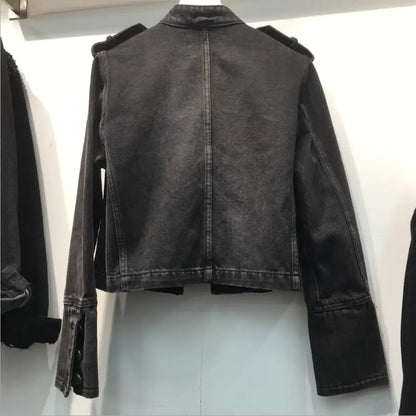 Retro military style handsome stand collar denim jackets female double-breasted old wild slim short denim jackets outerwear F368