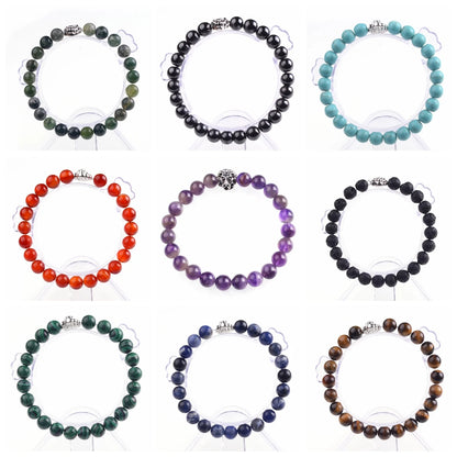 Silver Lion Head Gemstone Beads Stretch Bracelet for Women Men Handmade Crystal Beaded Elastic Healing Power Stone Jewelry