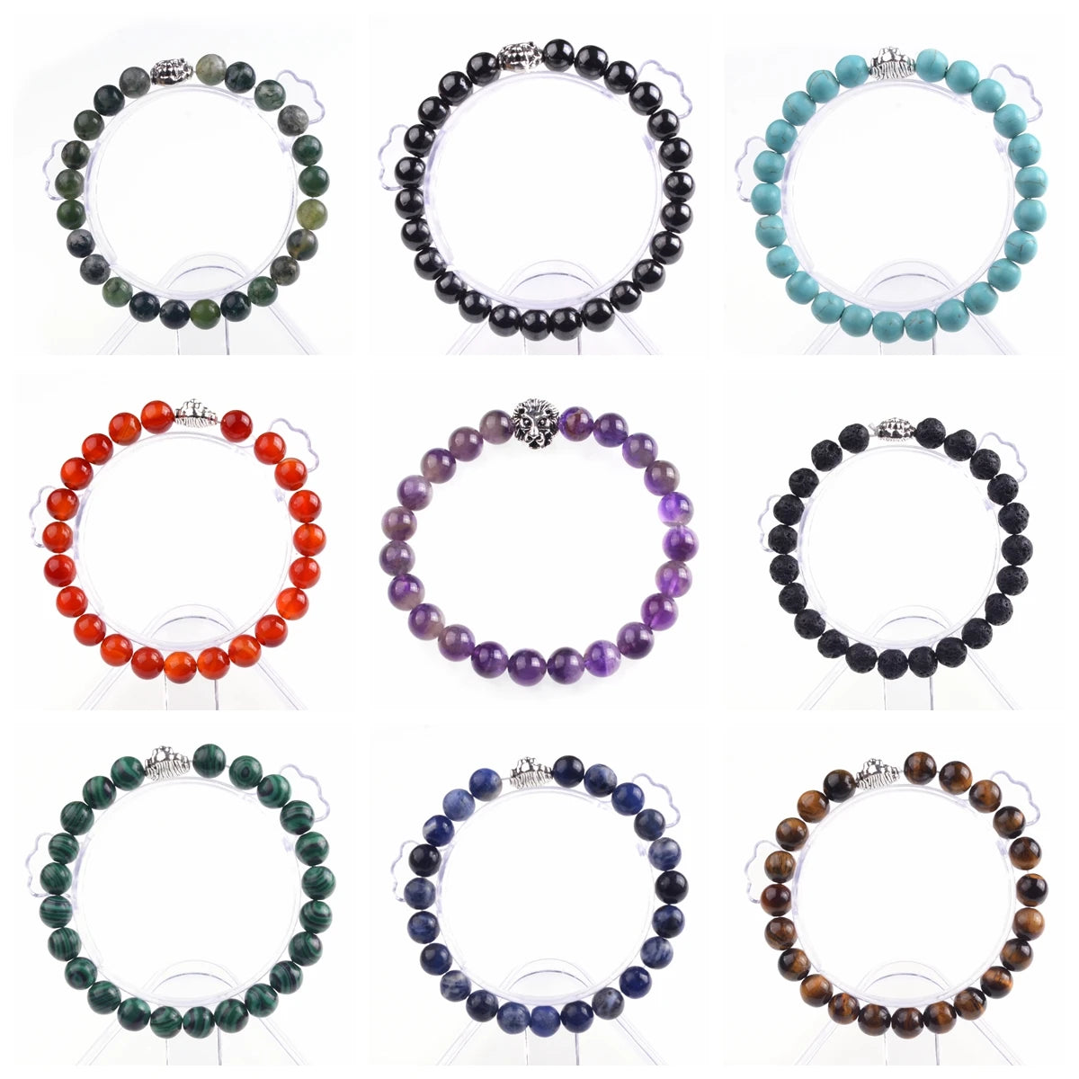 Silver Lion Head Gemstone Beads Stretch Bracelet for Women Men Handmade Crystal Beaded Elastic Healing Power Stone Jewelry
