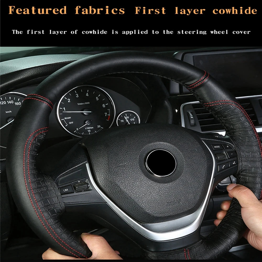 Steering Wheel Cover Non-slip Breathable Cover On Wrap Cowhide Leather Handmade Universal Accessories  With Needle/Thread Kit