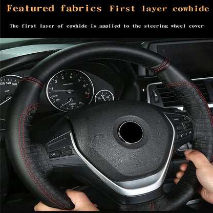 Steering Wheel Cover Non-slip Breathable Cover On Wrap Cowhide Leather Handmade Universal Accessories  With Needle/Thread Kit