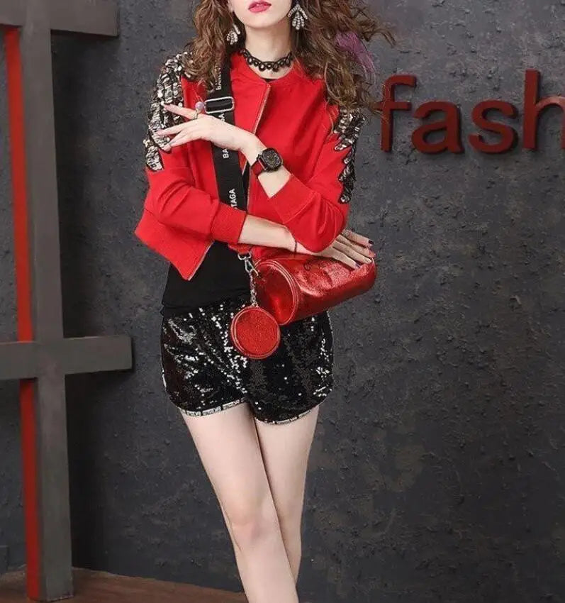 Women's Red Short Jackets 2024Spring Fashion Elastic Thin Sequins Beaded Tops Female Tide coat streetwear ladies coats outerwear
