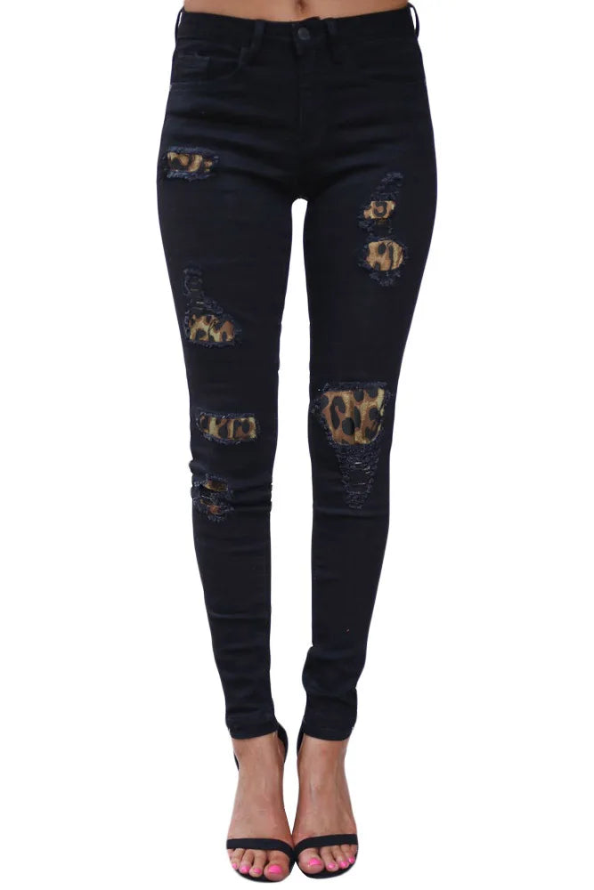 Hot sale women's ripped leopard print jeans Fashion stretch Skinny denim pencil pants Street casual hipster jeans S-2XL