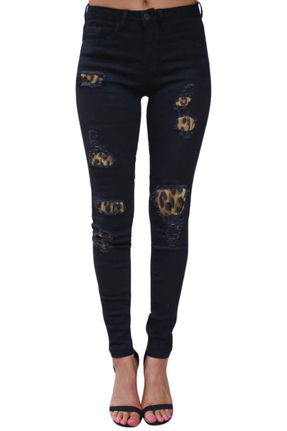 Hot sale women's ripped leopard print jeans Fashion stretch Skinny denim pencil pants Street casual hipster jeans S-2XL