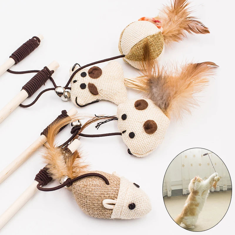 Funny Pet Cat Toys Interactive Cat Teaser with Feather 40CM Wooden Stick Mice Fish Chick Katten Speelgoed Chats Pet Accessories