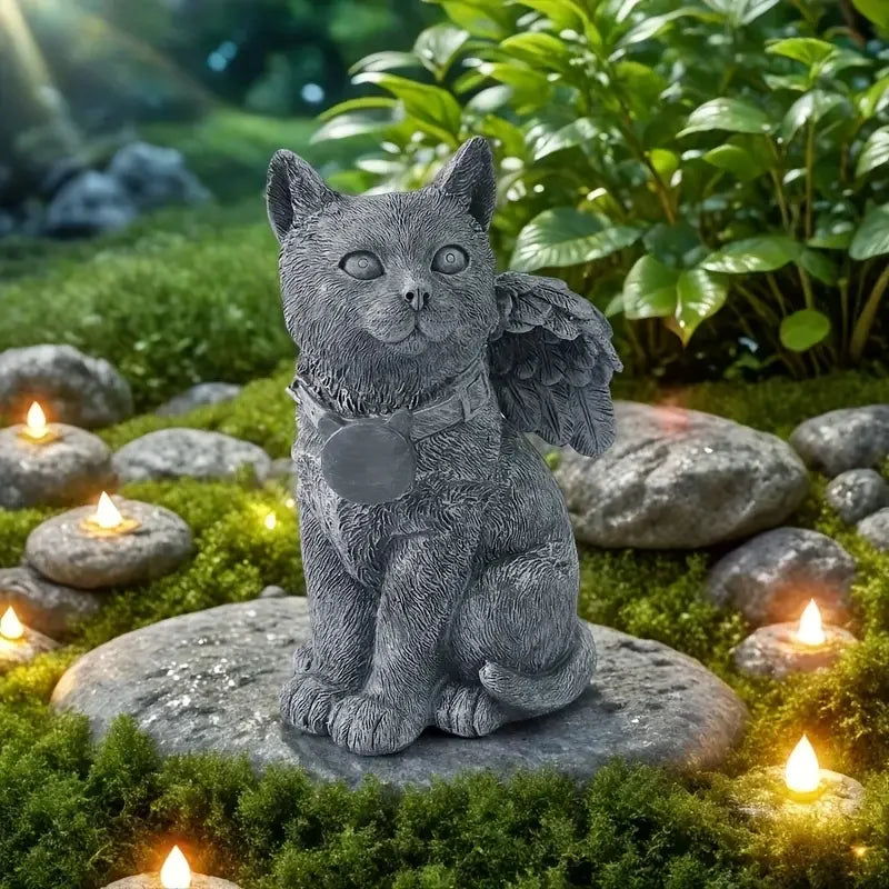 Pierre tombale artisanale en forme d'ange chat à énergie solaire - Statue commémorative extérieure en résine durable avec patine grise