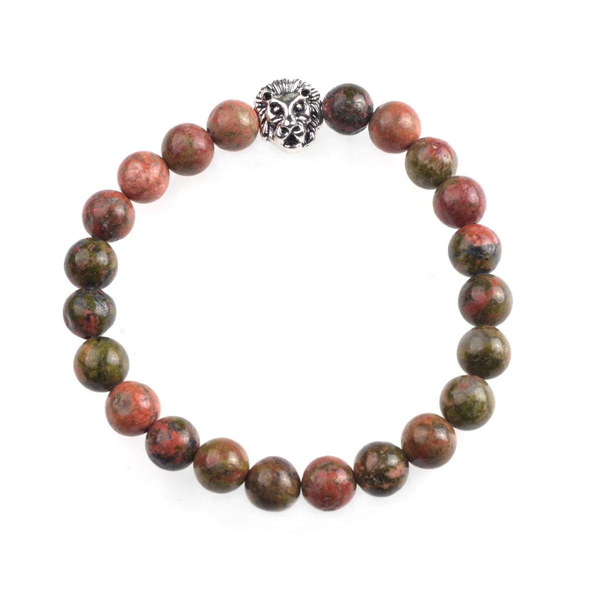 Silver Lion Head Gemstone Beads Stretch Bracelet for Women Men Handmade Crystal Beaded Elastic Healing Power Stone Jewelry