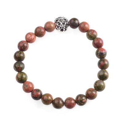 Silver Lion Head Gemstone Beads Stretch Bracelet for Women Men Handmade Crystal Beaded Elastic Healing Power Stone Jewelry
