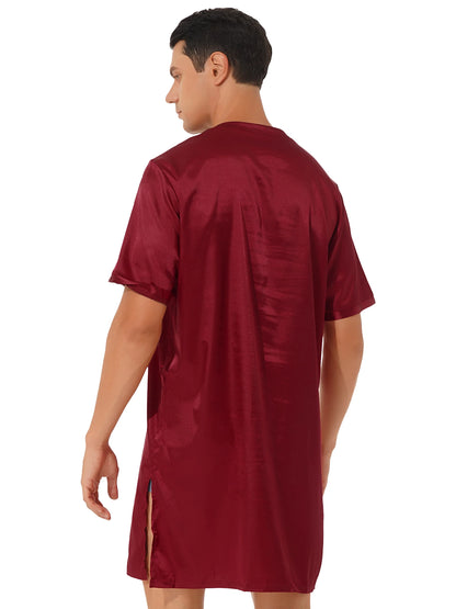 Mens Satin Sleepwear Tops Night Shirt Nightgown Pajamas Dress Short Sleeve Underwear Homewear Sides Split Sleep Tops Nightwear