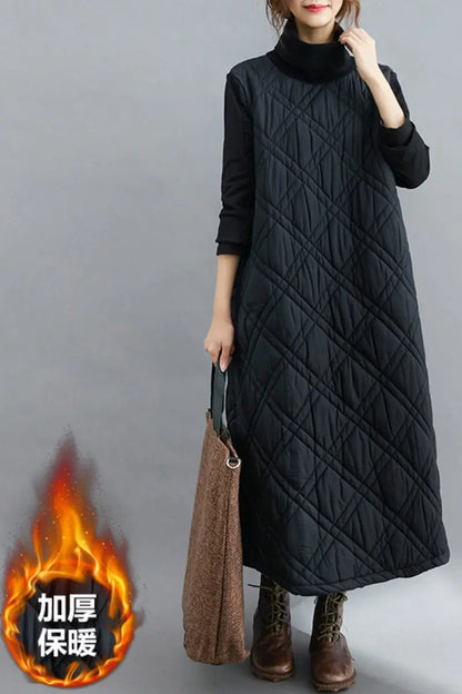 Retro Quilted Diamond Dress Thick Stitching Warm Autumn Winter Clothing New Women's High-Neck Casual Long Tunic y750