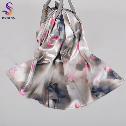 [BYSIFA]  Green Blue Ladies Satin Long Silk Scarf Shawl New Fashion Brand Scarves Printed Spring Fall Female Head Scarf 160*70cm