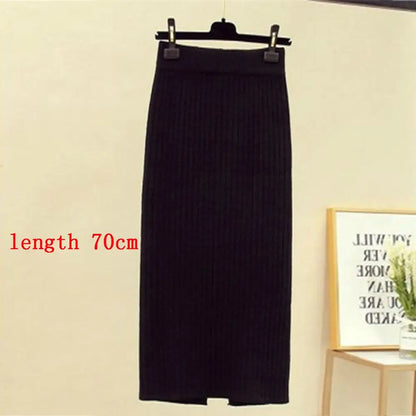 Mid-long Knitted Half-length Skirt Women's High waist One-step Skirt Autumn And Winter Hip Skirt Open-forked Elegant Skirts