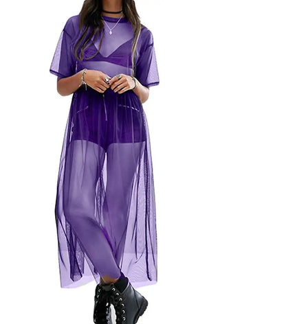 Sexy T Shirt Mesh Sheer Dress Women See-through Cover Up Top T Shirt Fashion Transparent  Short Sleeve Casual Summer Beach Tops