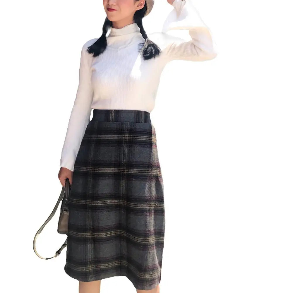 Korean Fashion Casual Women Autumn Winter Vintage Blue/Gray Plaid High Waist Warm Faux Woolen A-line Skirt  S-2XL