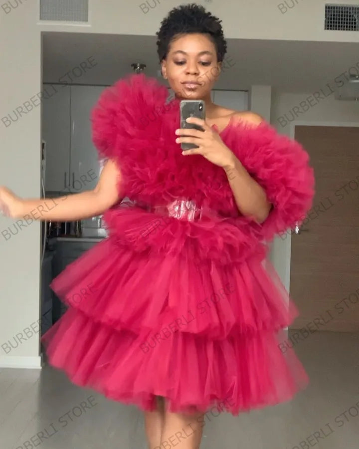 Sexy Deep V Neck Tiered Tulle Summer Dress For Women Short Ruffles Tutu Dress Female Plus Size Vestidos Custom Made