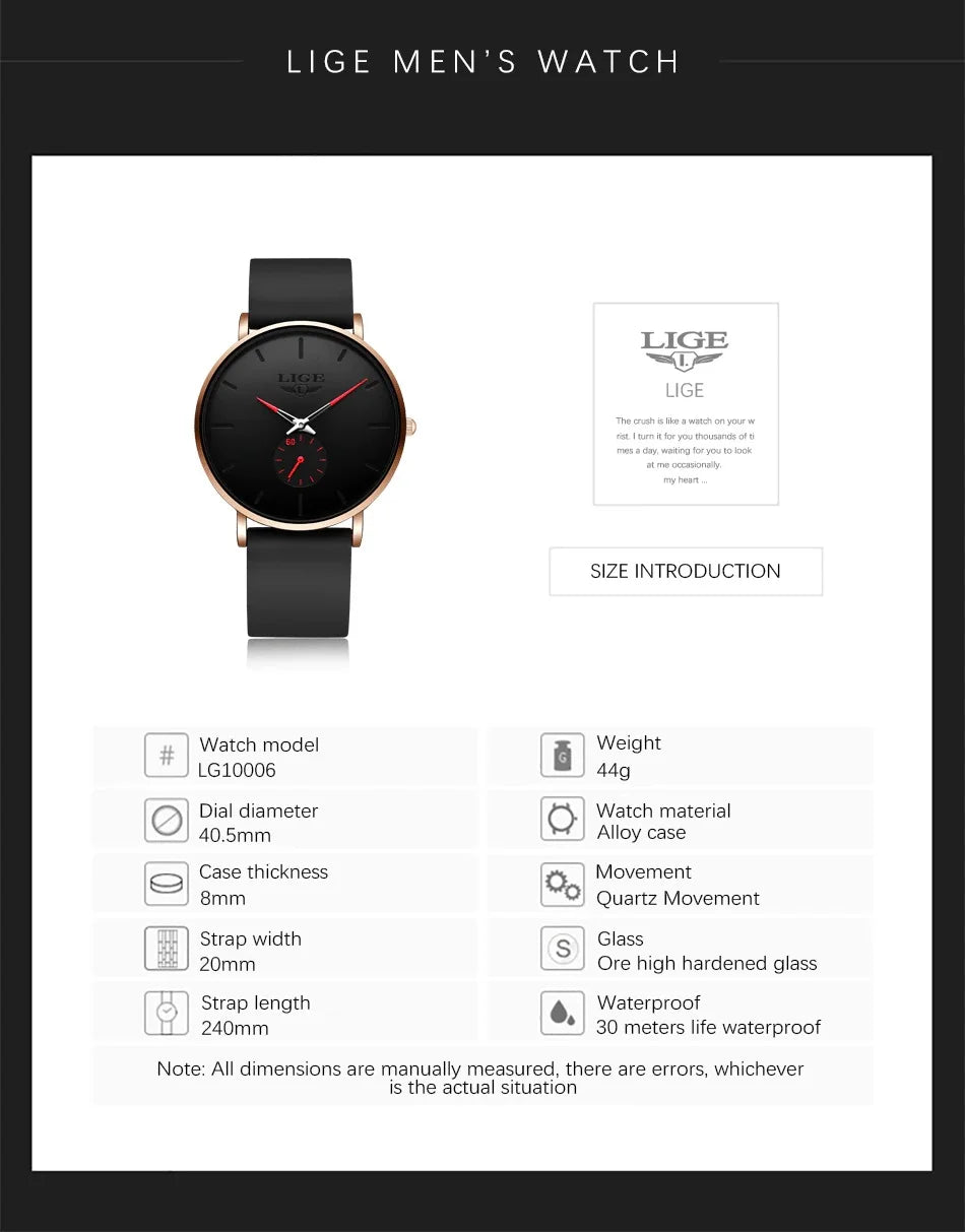 Montre LIGE LG10006 40 mm, élégante et minimaliste, pour homme et femme, analogique, à quartz, étanche, en silicone, idéale pour le sport.