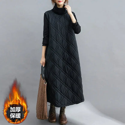 Retro Quilted Diamond Dress Thick Stitching Warm Autumn Winter Clothing New Women's High-Neck Casual Long Tunic y750