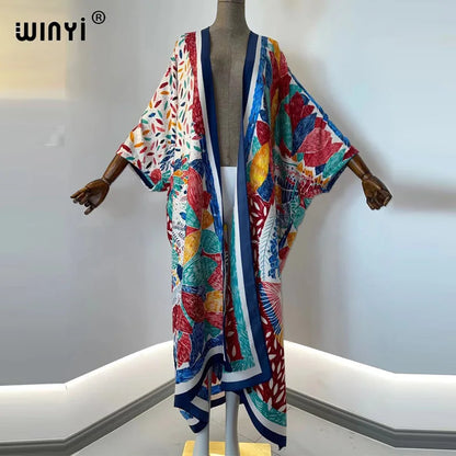 2021 WINYI new Cotton Bikini Sweet Lady Pink Boho Print Self Belted Front Open Long Kimono Dress Beach Tunic Women Wrap Dresses